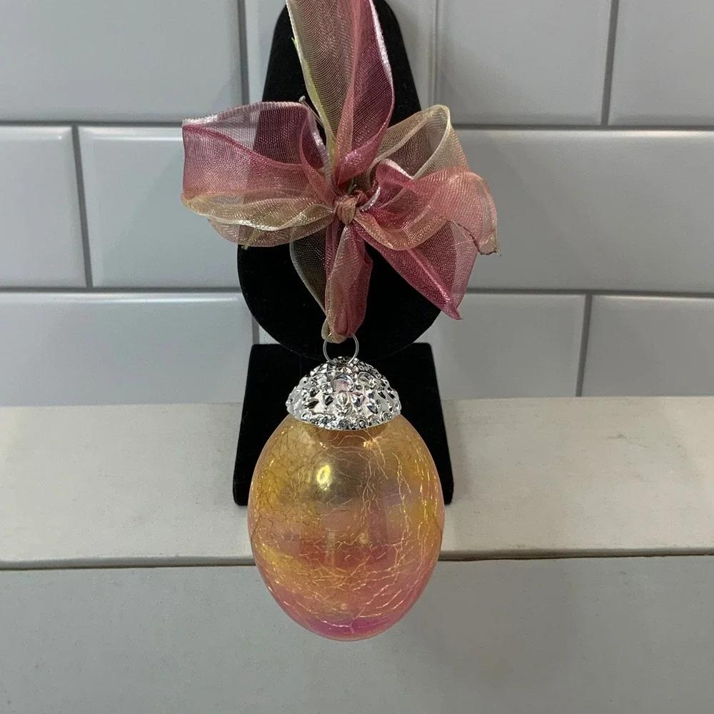 Crackle‎ Glass Egg Ornament Pink Amber Gradient Easter Spring Decor with Ribbon